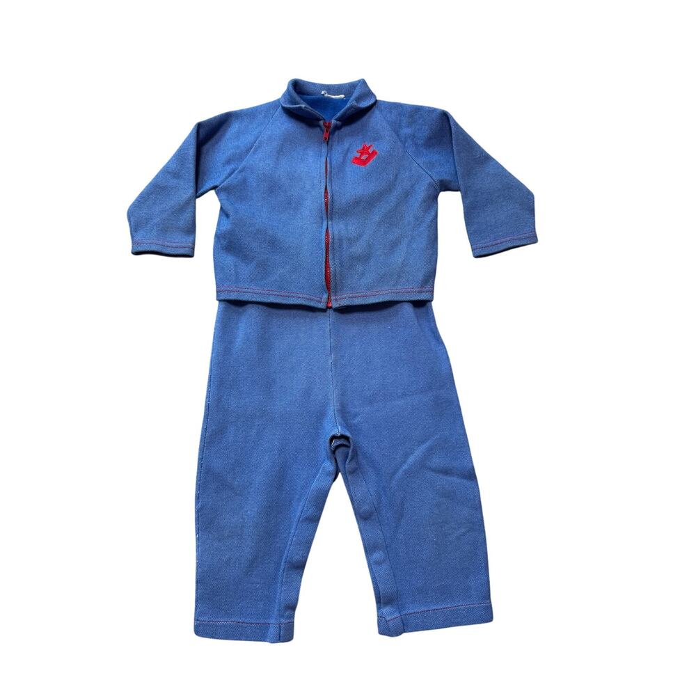 Vintage Baby boy Blue Overall Romper Zip Jacket Set Red Star Logo 70s, 80's